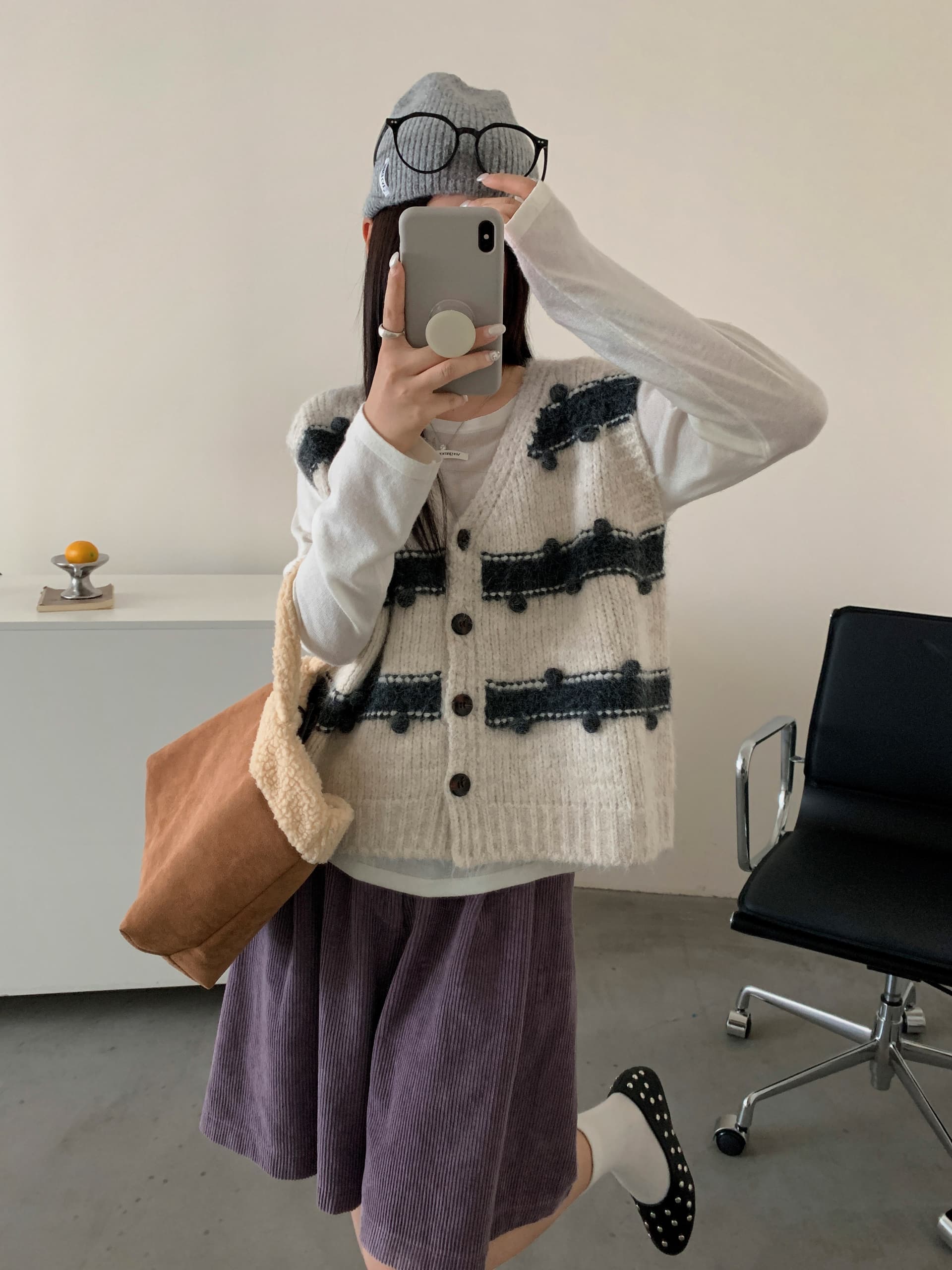 있음 선적 실사 한국 chic 가을 새로운 더블 색상 스트라이프 베스트 스웨터 오픈 가디건 상세 이미지 11