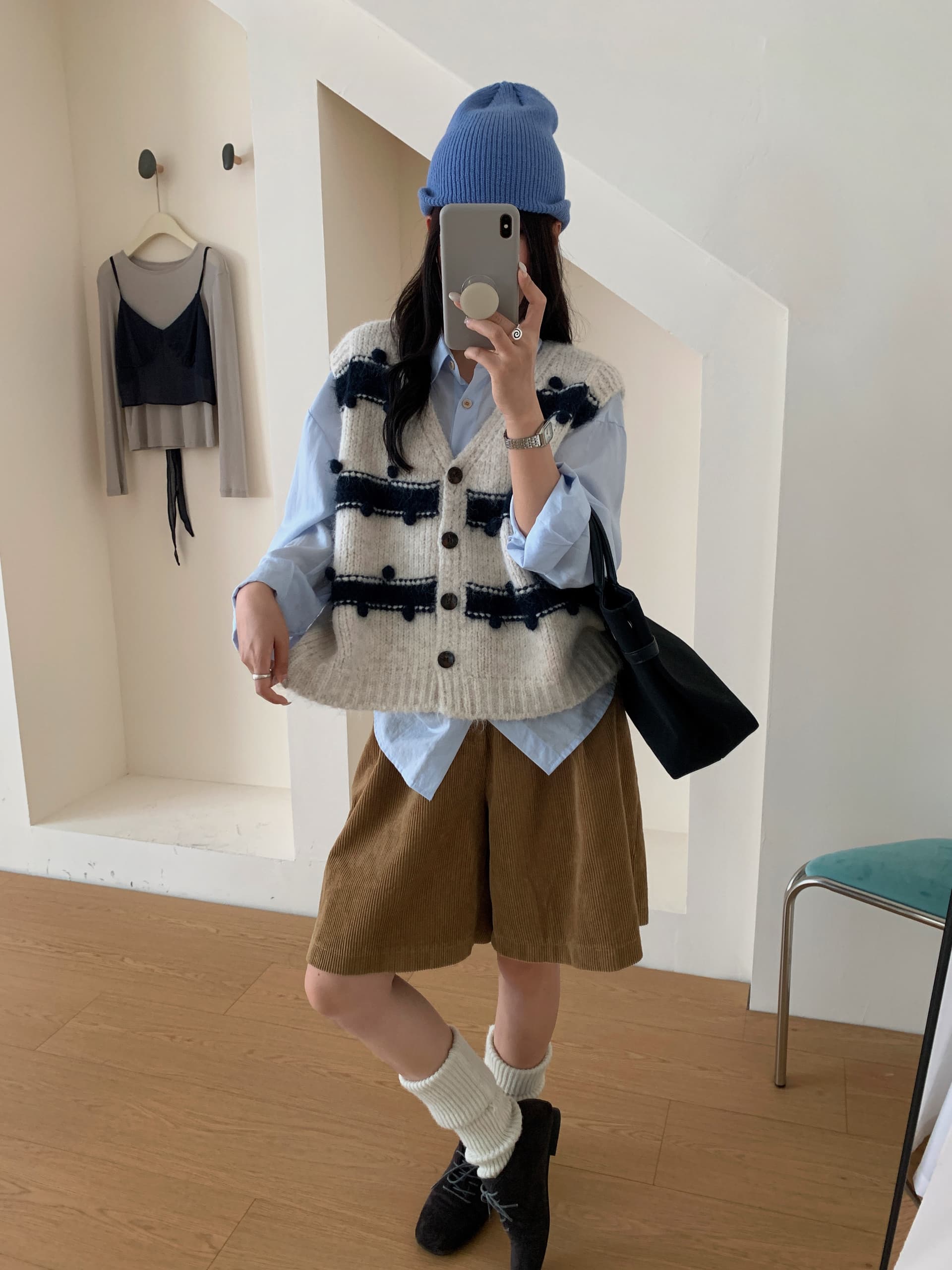 있음 선적 실사 한국 chic 가을 새로운 더블 색상 스트라이프 베스트 스웨터 오픈 가디건 상세 이미지 12
