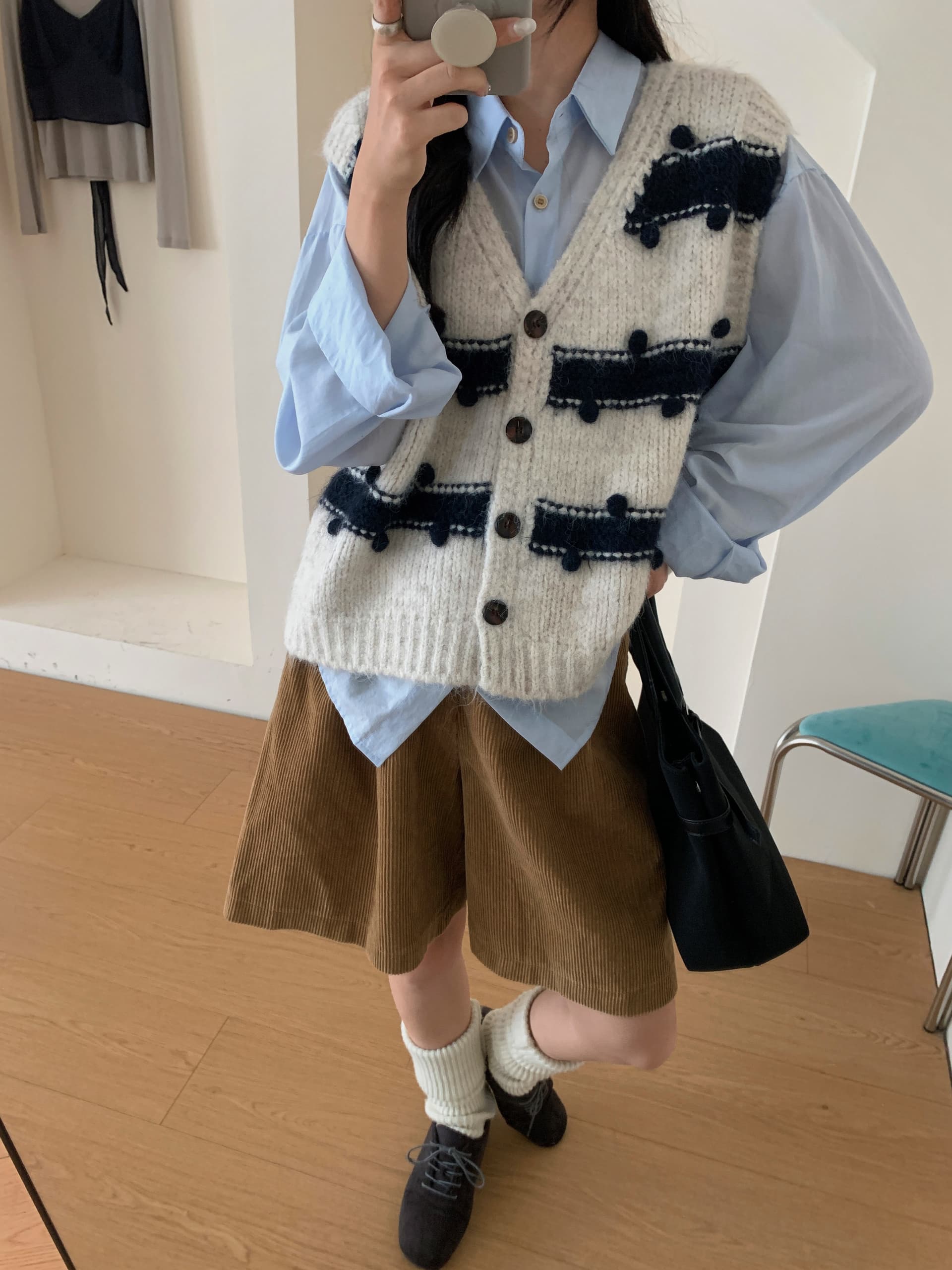 있음 선적 실사 한국 chic 가을 새로운 더블 색상 스트라이프 베스트 스웨터 오픈 가디건 상세 이미지 13
