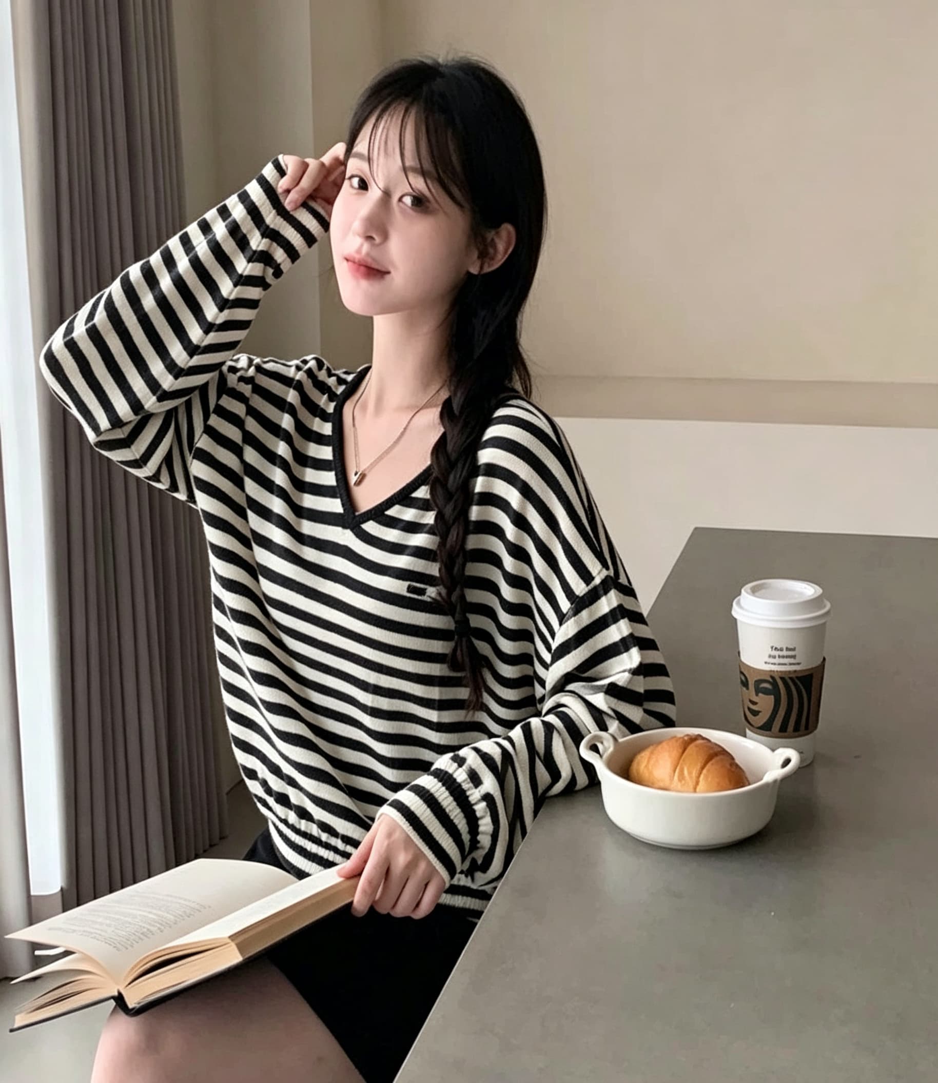 있음 선적 사이즈 업데이트 한국 chic 가을 새로운 ins 빅 브이 넥 스트라이프 품격 긴팔 니트 스웨터 상세 이미지 10