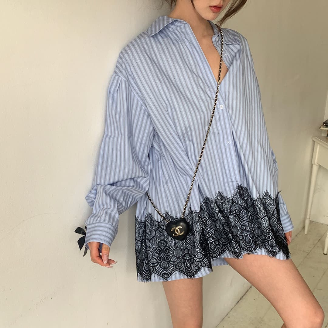 있음 선적 사이즈 업데이트 한국 chic 가을 새로운 달콤함 스트라이프 나비 매듭 레이스 조각 셔츠 이미지 2