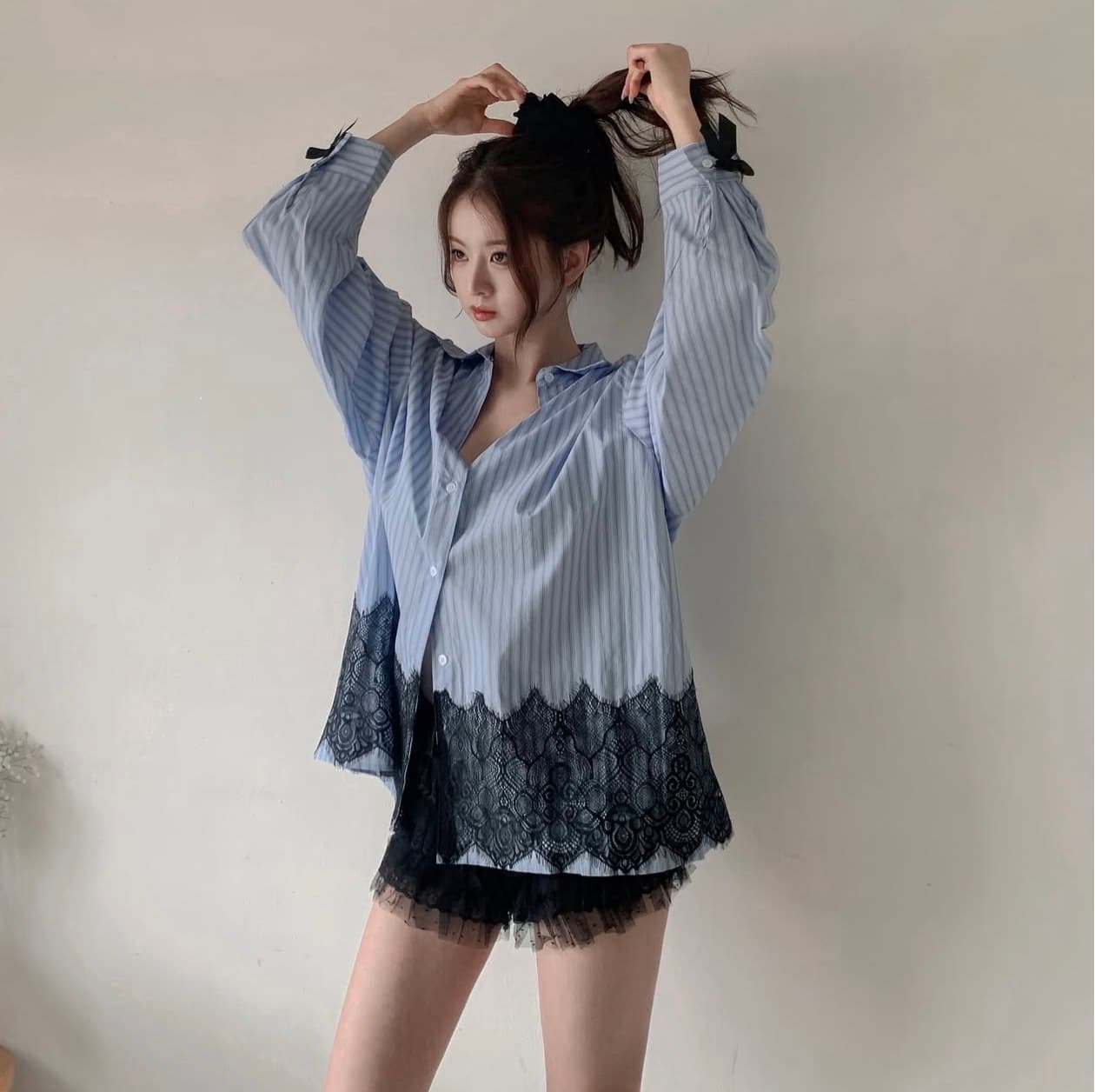 있음 선적 사이즈 업데이트 한국 chic 가을 새로운 달콤함 스트라이프 나비 매듭 레이스 조각 셔츠 이미지 3