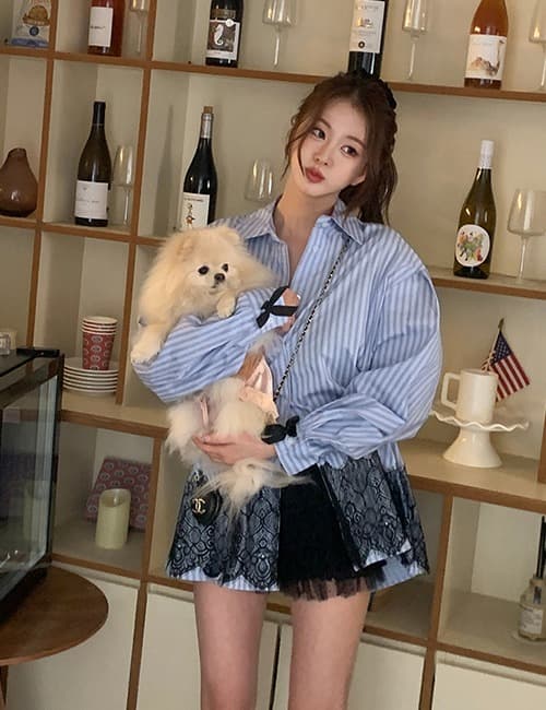 있음 선적 사이즈 업데이트 한국 chic 가을 새로운 달콤함 스트라이프 나비 매듭 레이스 조각 셔츠 상세 이미지 1
