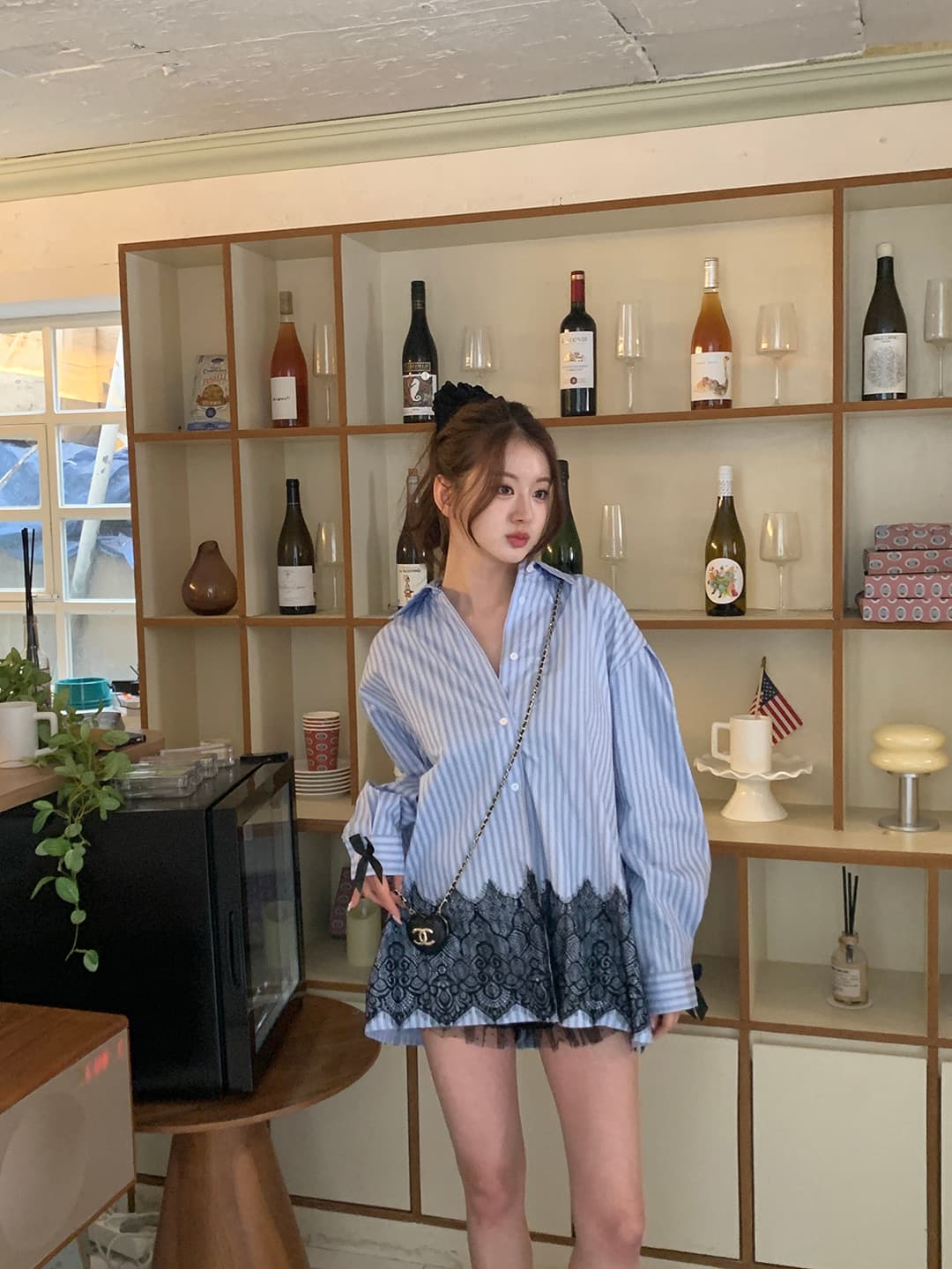 있음 선적 사이즈 업데이트 한국 chic 가을 새로운 달콤함 스트라이프 나비 매듭 레이스 조각 셔츠 상세 이미지 11