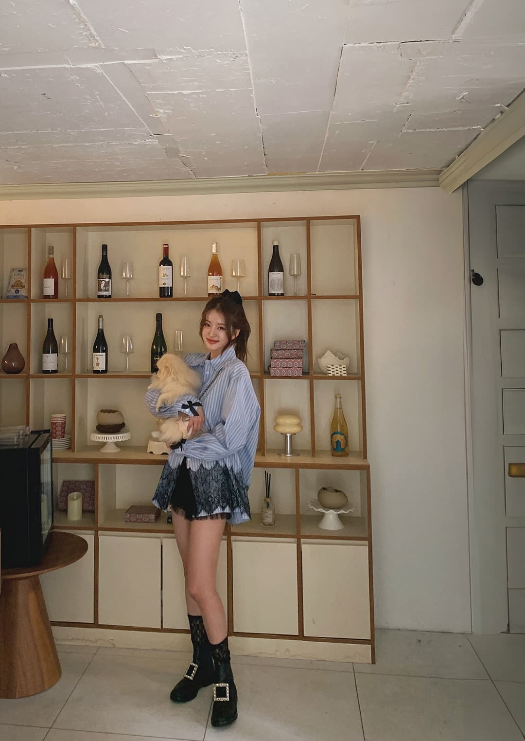 있음 선적 사이즈 업데이트 한국 chic 가을 새로운 달콤함 스트라이프 나비 매듭 레이스 조각 셔츠 상세 이미지 14