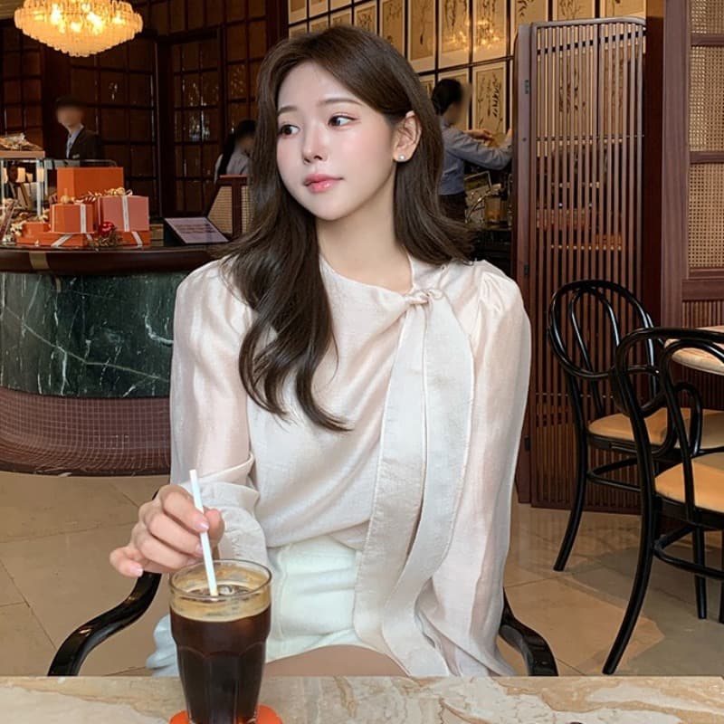 있음 선적 사이즈 업데이트 한국 chic 가을 새로운 ins 달콤함 레이스업 나비 매듭 긴팔 셔츠 이미지 2