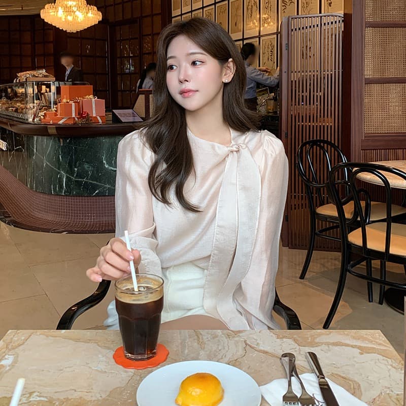있음 선적 사이즈 업데이트 한국 chic 가을 새로운 ins 달콤함 레이스업 나비 매듭 긴팔 셔츠 상세 이미지 1