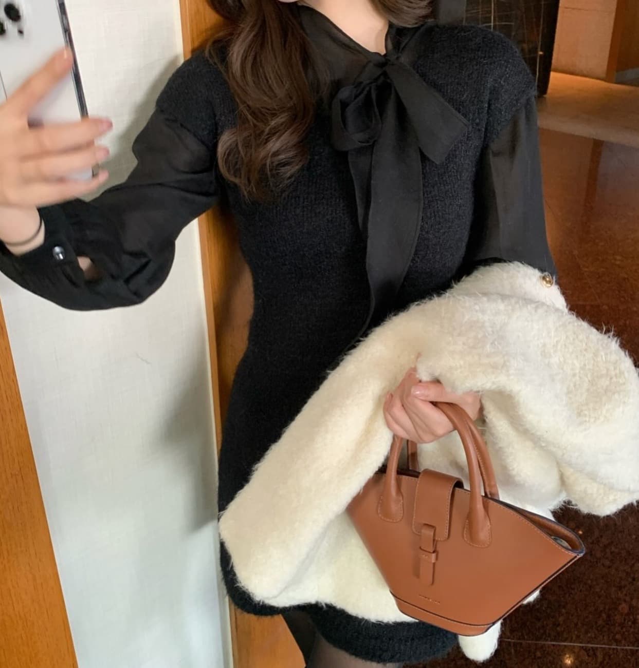 있음 선적 사이즈 업데이트 한국 chic 가을 새로운 ins 달콤함 레이스업 나비 매듭 긴팔 셔츠 상세 이미지 9