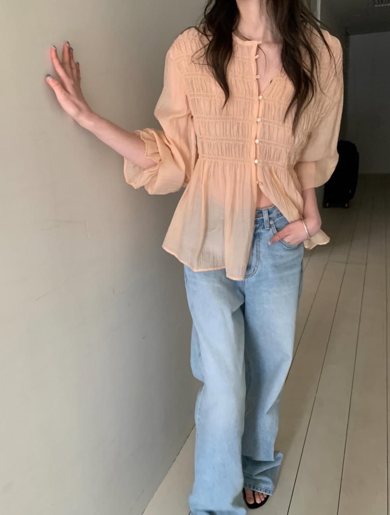 한국 chic 가을 새로운 달콤함 라운드 넥 주름 부서 허리 슬림해 보이는 긴 소매 셔츠 상세 이미지 2
