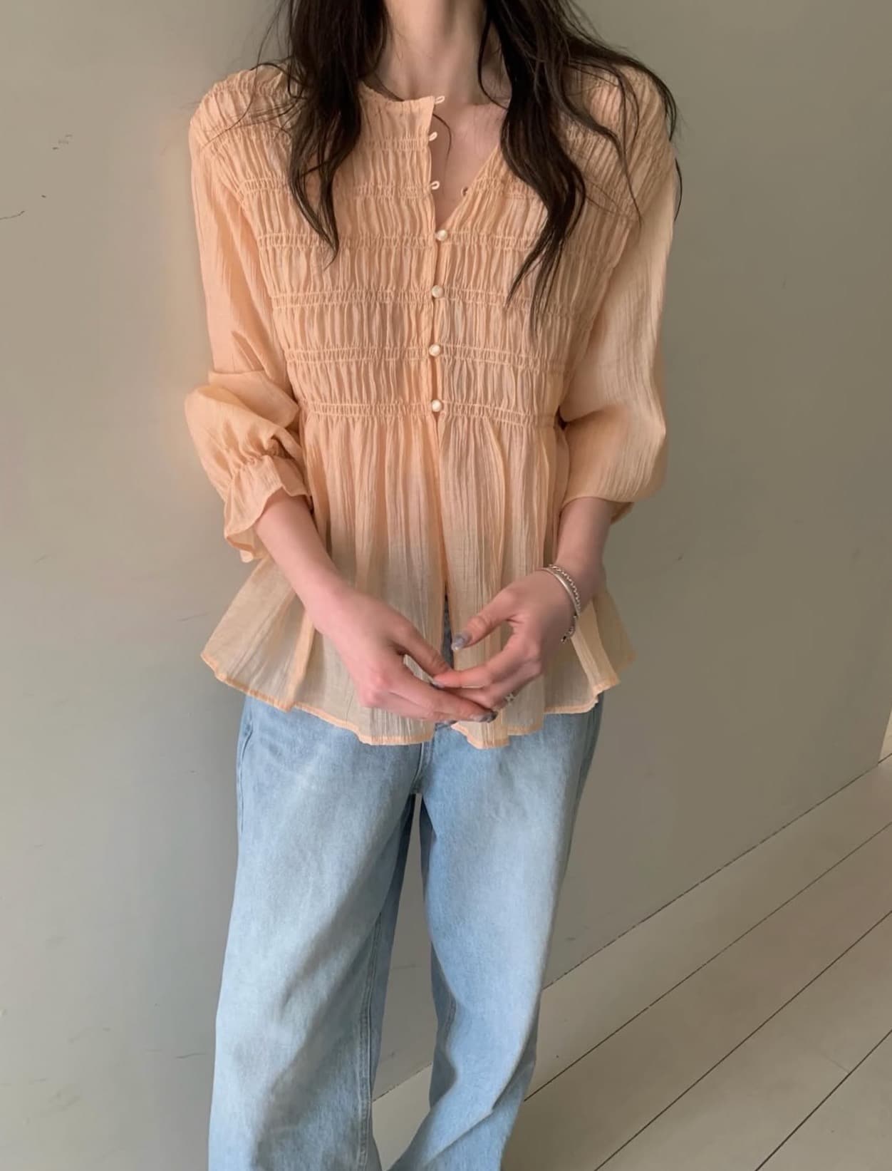 한국 chic 가을 새로운 달콤함 라운드 넥 주름 부서 허리 슬림해 보이는 긴 소매 셔츠 상세 이미지 3