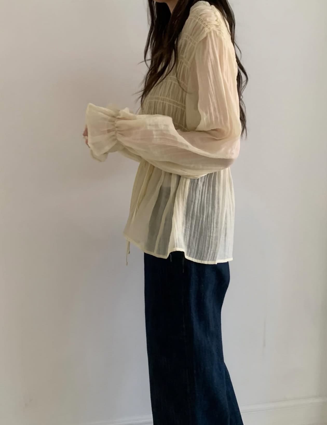 한국 chic 가을 새로운 달콤함 라운드 넥 주름 부서 허리 슬림해 보이는 긴 소매 셔츠 상세 이미지 11