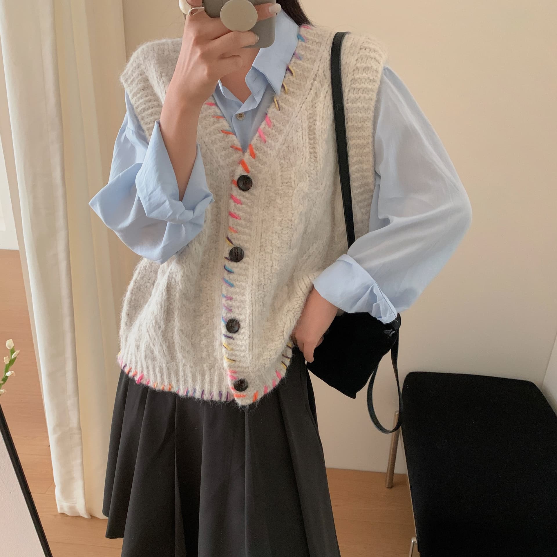 있음 선적 실사 한국 chic 가을 새로운 한 부서 색상 번개 루즈핏 베스트 재킷 이미지 5