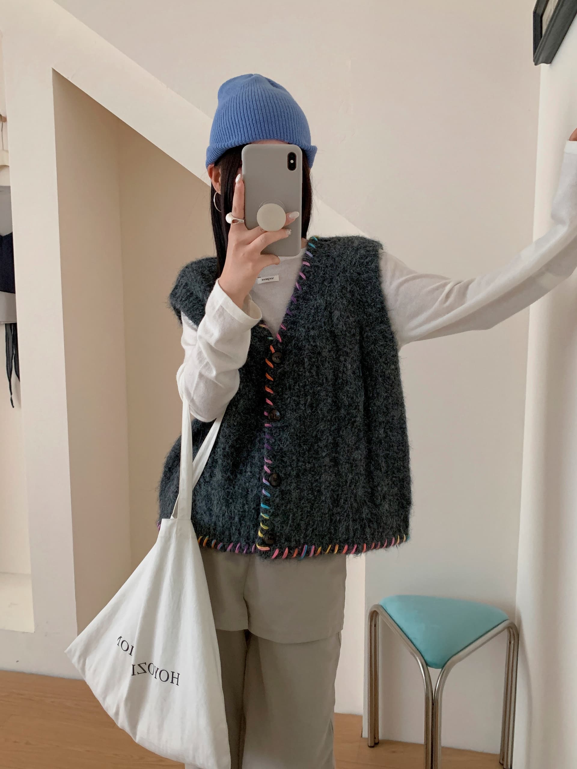 있음 선적 실사 한국 chic 가을 새로운 한 부서 색상 번개 루즈핏 베스트 재킷 상세 이미지 10