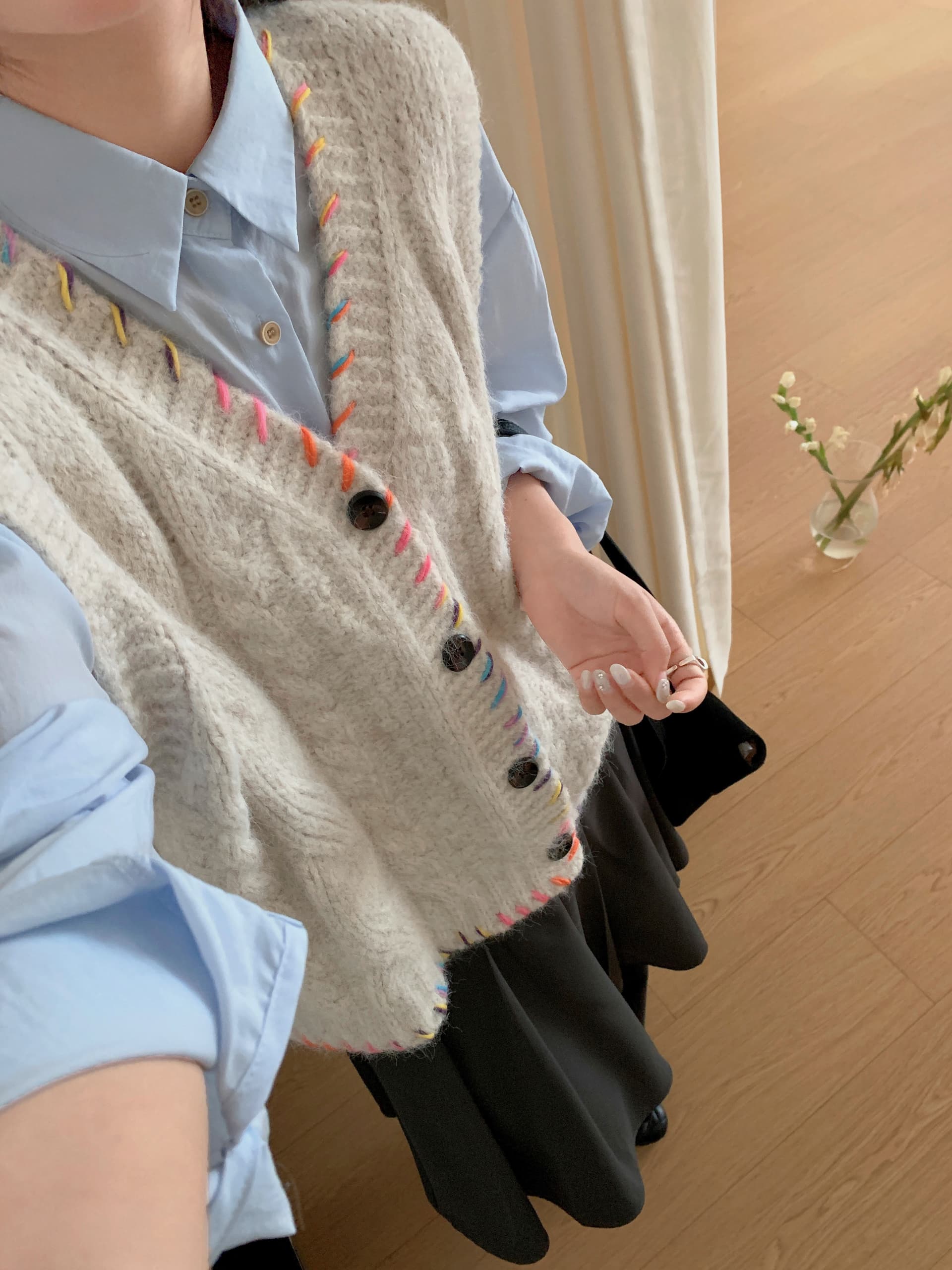 있음 선적 실사 한국 chic 가을 새로운 한 부서 색상 번개 루즈핏 베스트 재킷 상세 이미지 11