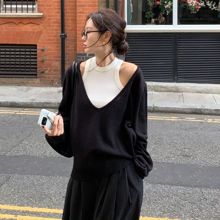 있음 선적 사이즈 업데이트 한국 chic 가을 겨울 디자인 섹션 V넥 루즈핏 느긋한 스웨터 투피스 조끼