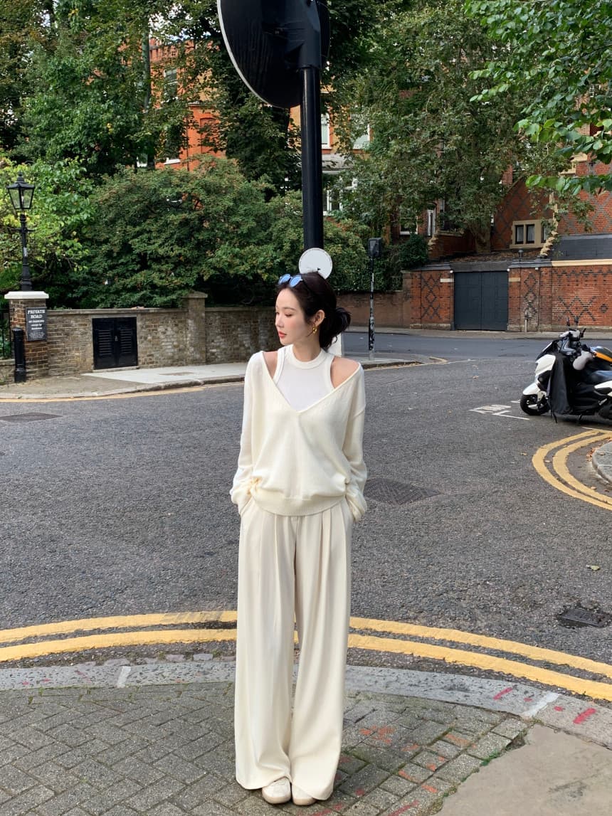 있음 선적 사이즈 업데이트 한국 chic 가을 겨울 디자인 섹션 V넥 루즈핏 느긋한 스웨터 투피스 조끼 상세 이미지 14