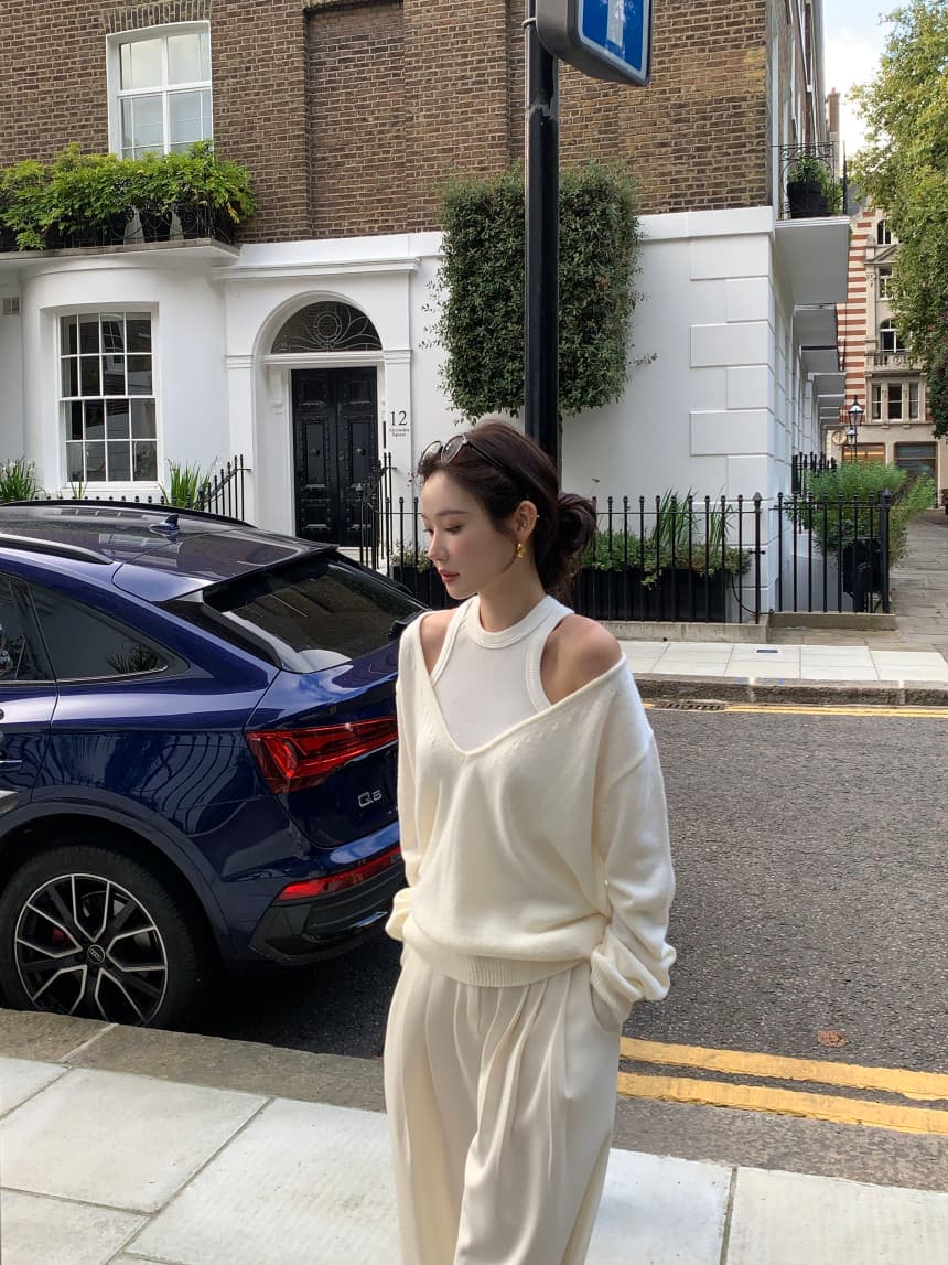 있음 선적 사이즈 업데이트 한국 chic 가을 겨울 디자인 섹션 V넥 루즈핏 느긋한 스웨터 투피스 조끼 상세 이미지 25