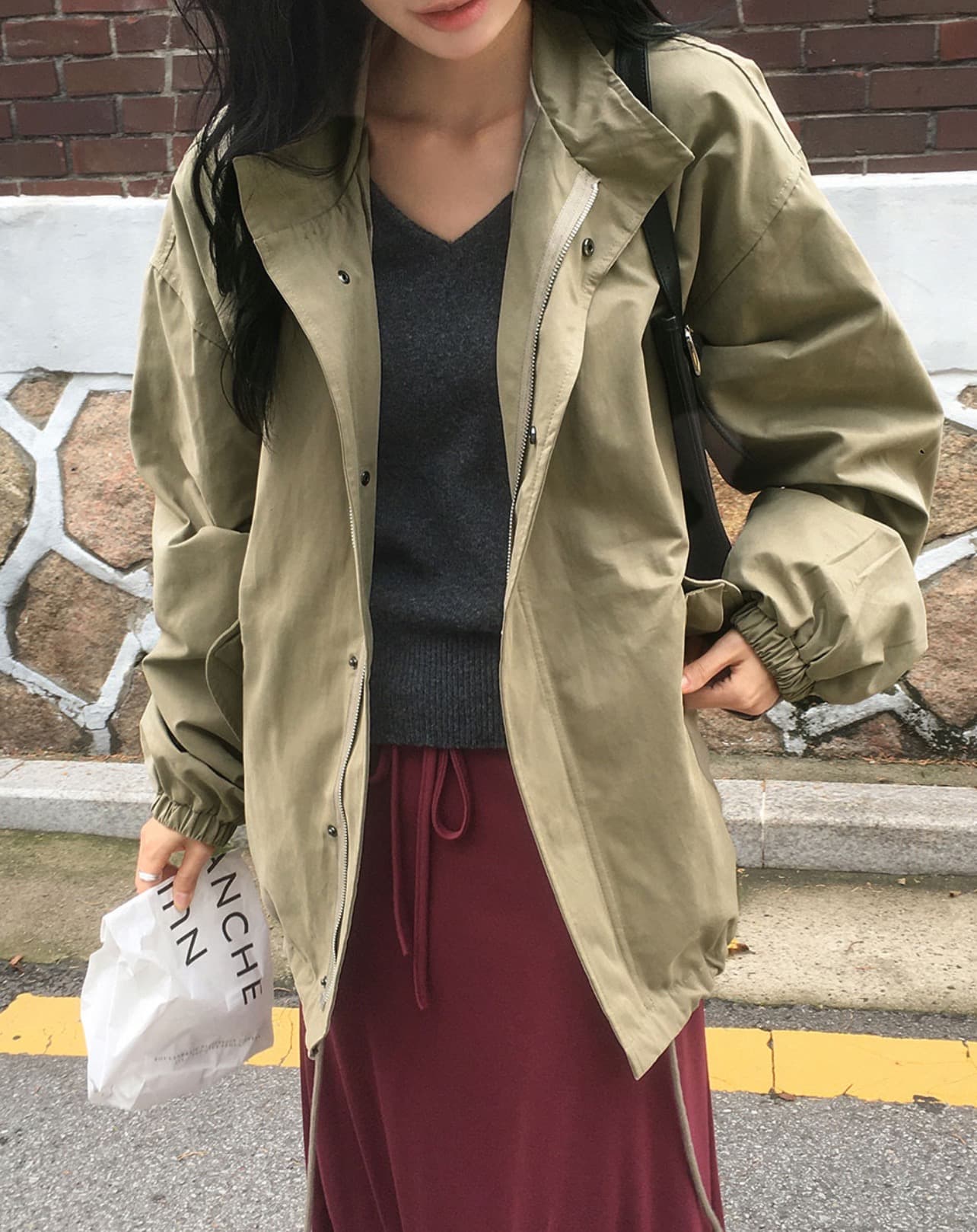 한국 chic 가을 겨울 새로운 레트로 스탠드 칼라 연령 감소 루즈핏 의류 펌프 로프 재킷 상세 이미지 12