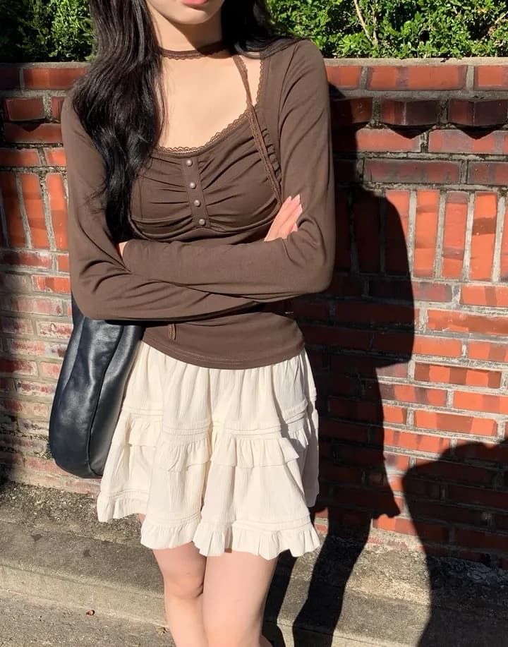 있음 선적 사이즈 업데이트 한국 chic 가을 새로운 광장 칼라 행침 목 몸매 가꾸기 슬림해 보이는 티셔츠 상세 이미지 2