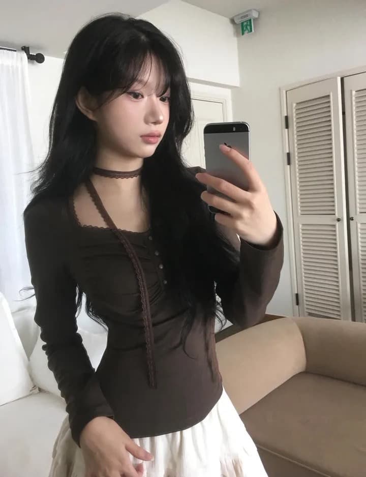 있음 선적 사이즈 업데이트 한국 chic 가을 새로운 광장 칼라 행침 목 몸매 가꾸기 슬림해 보이는 티셔츠 상세 이미지 4
