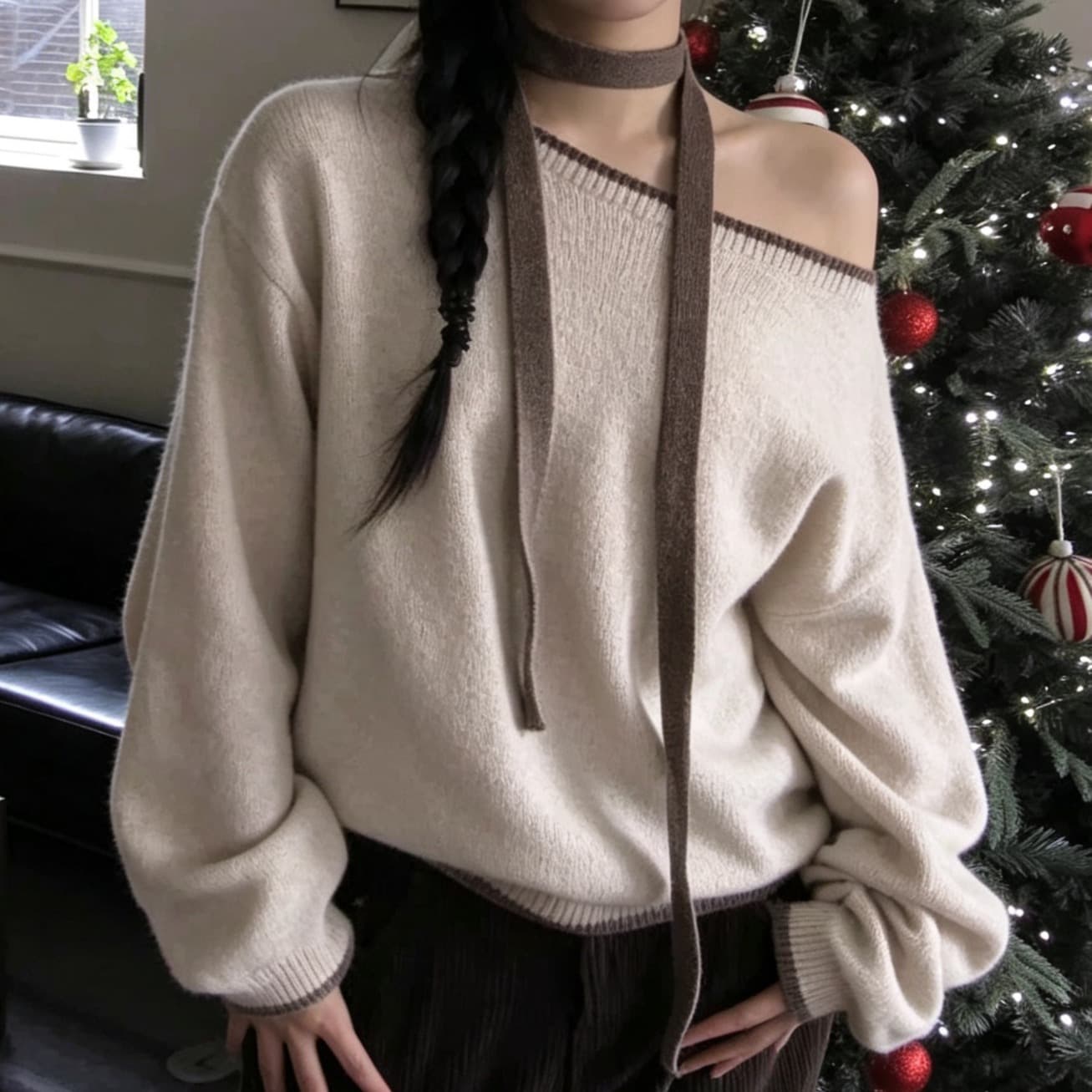 한국 chic 가을 겨울 새로운 한 부서 부드러운 찹쌀 비스듬한 칼라 오프숄더 루즈핏 벨트 리본 니트 스웨터 이미지 5