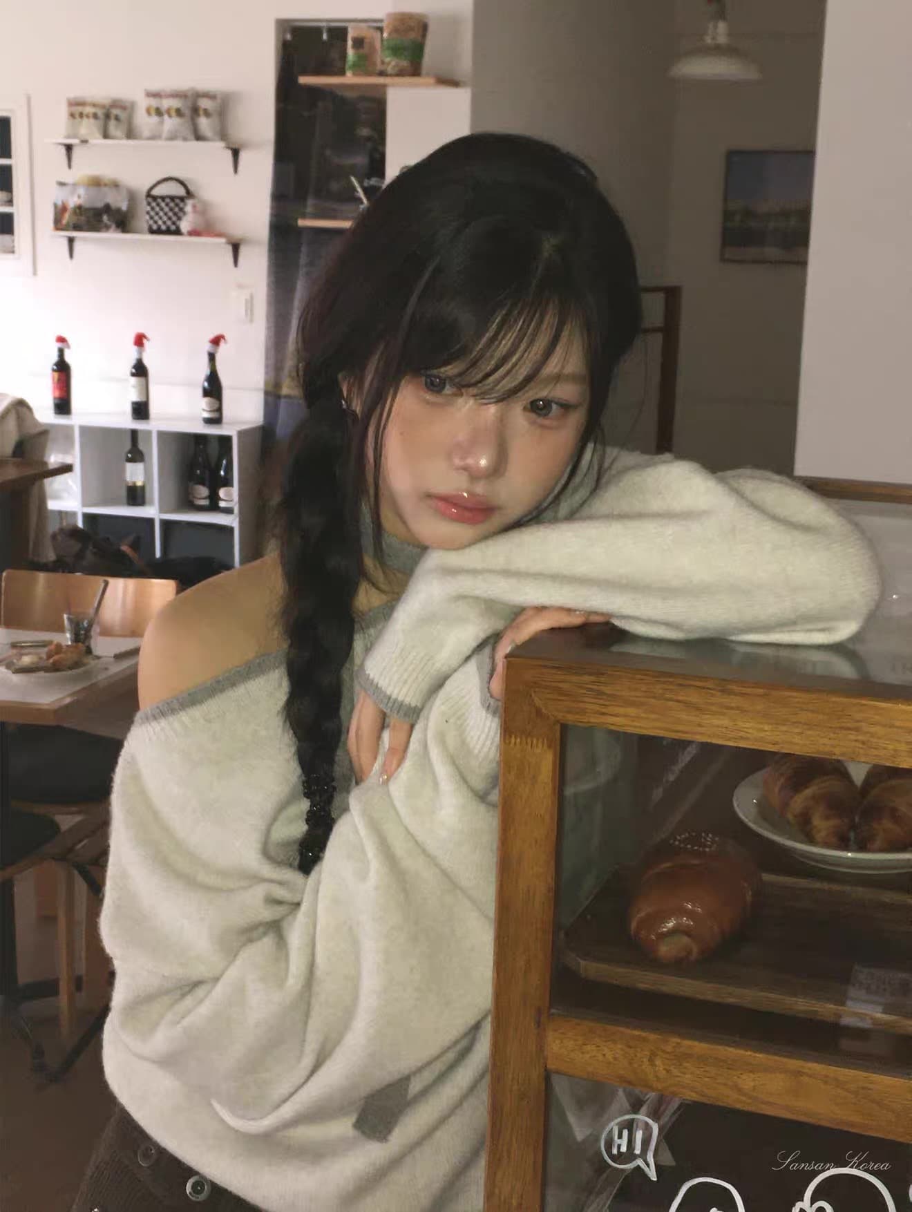 한국 chic 가을 겨울 새로운 한 부서 부드러운 찹쌀 비스듬한 칼라 오프숄더 루즈핏 벨트 리본 니트 스웨터 상세 이미지 5
