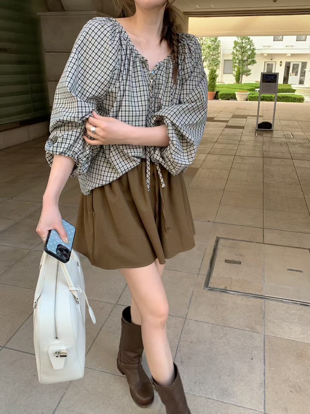 있음 선적 사이즈 업데이트 한국 chic 가을 새로운 프랑스식 달콤함 레트로 체크무늬 리본 긴 소매 셔츠 상세 이미지 11