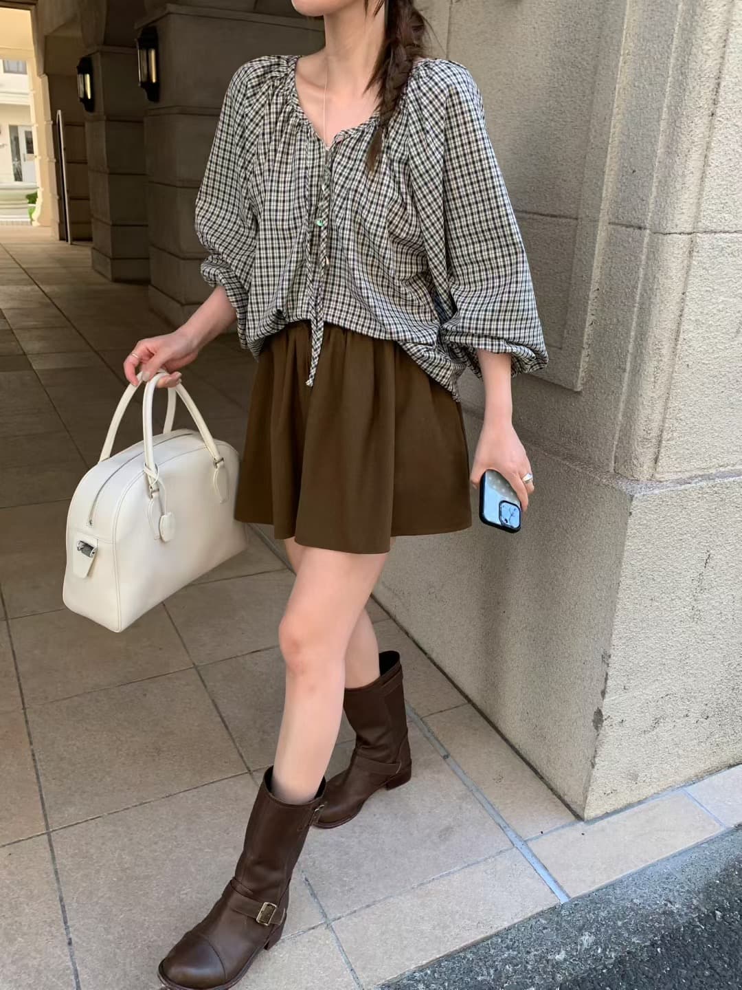 있음 선적 사이즈 업데이트 한국 chic 가을 새로운 프랑스식 달콤함 레트로 체크무늬 리본 긴 소매 셔츠 상세 이미지 12