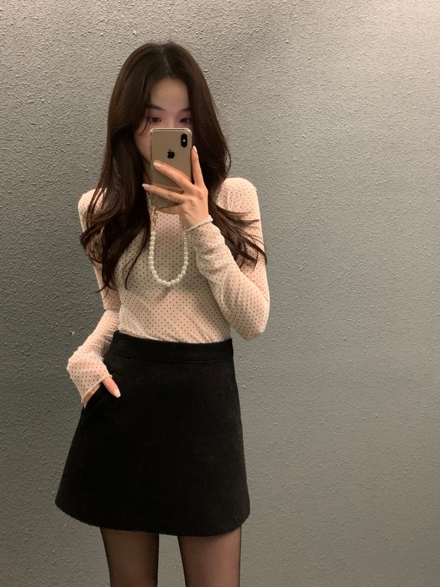 있음 선적 사이즈 업데이트 chic 가을 새로운 시스루 망사 도트 긴팔 기본 셔츠 여성 슬림해 보이는 맨위 상세 이미지 1