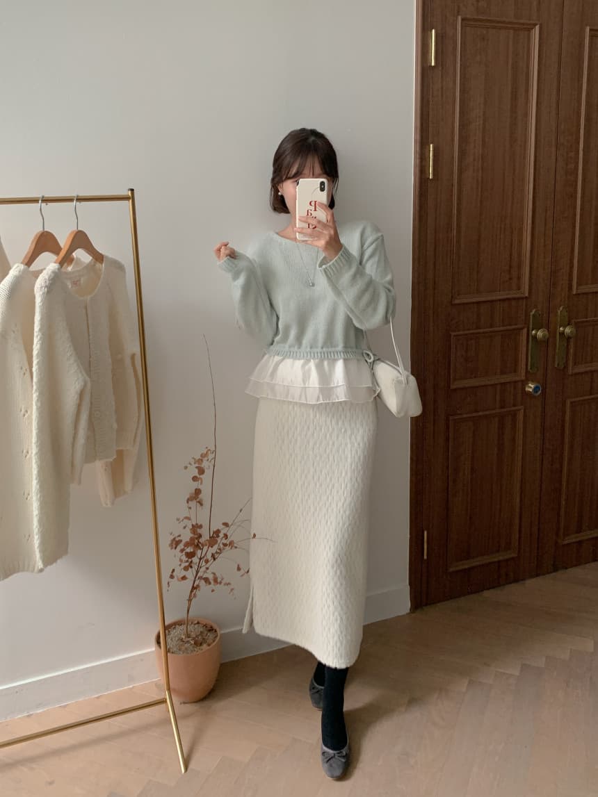 있음 선적 사이즈 업데이트 한국 chic 가을 새로운 ins 달콤함 V넥 패치워크 치마 다용도 니트 털 셔츠 상세 이미지 10