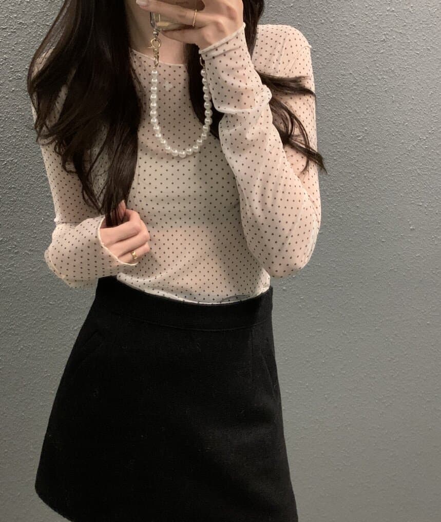 있음 선적 사이즈 업데이트 chic 가을 새로운 시스루 망사 도트 긴팔 기본 셔츠 여성 슬림해 보이는 맨위