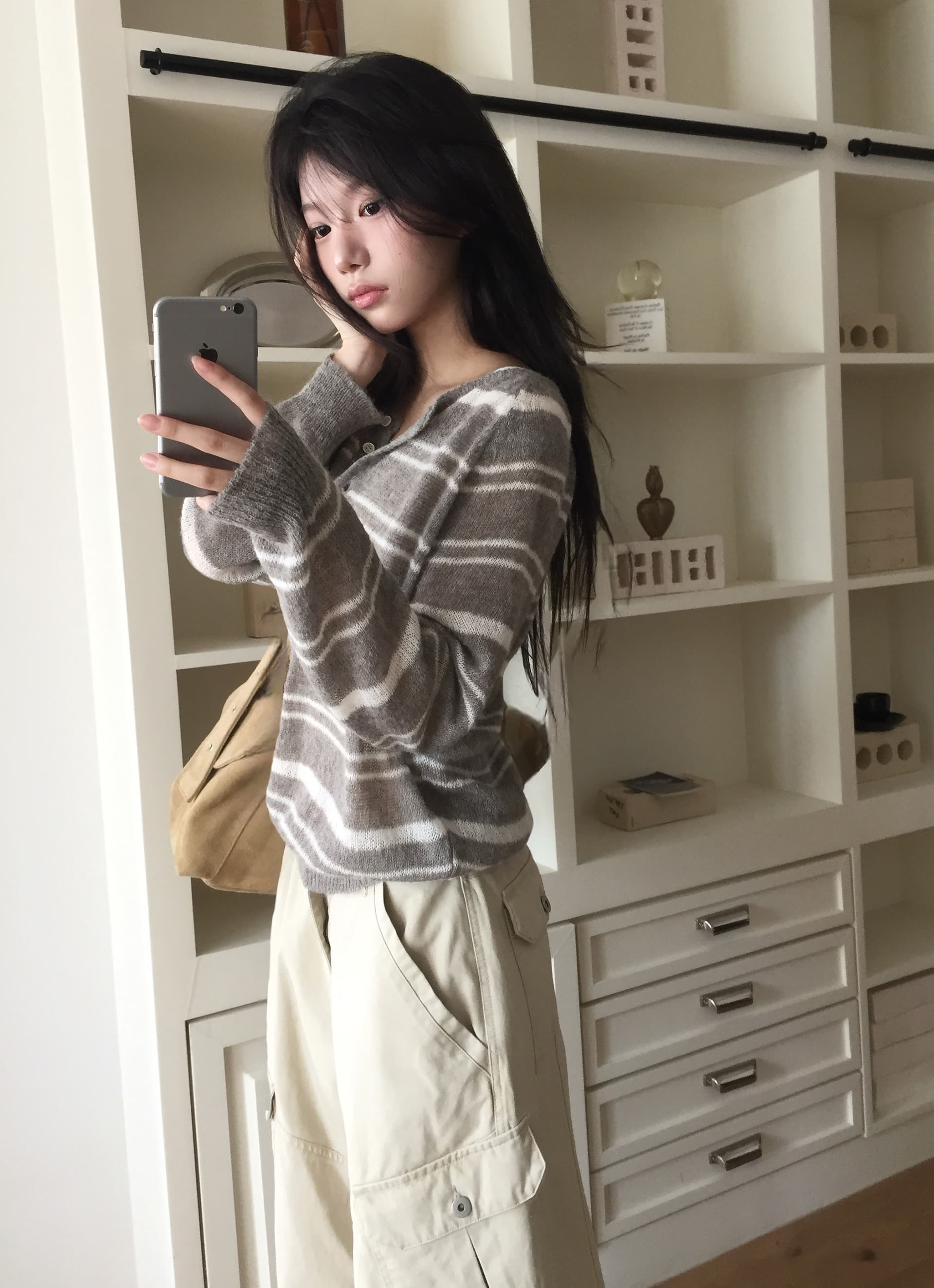 한국 chic 가을 겨울 새로운 한 부서 단추 반 개방 칼라 스트라이프 느슨함 센스 니트 스웨터 이미지 3