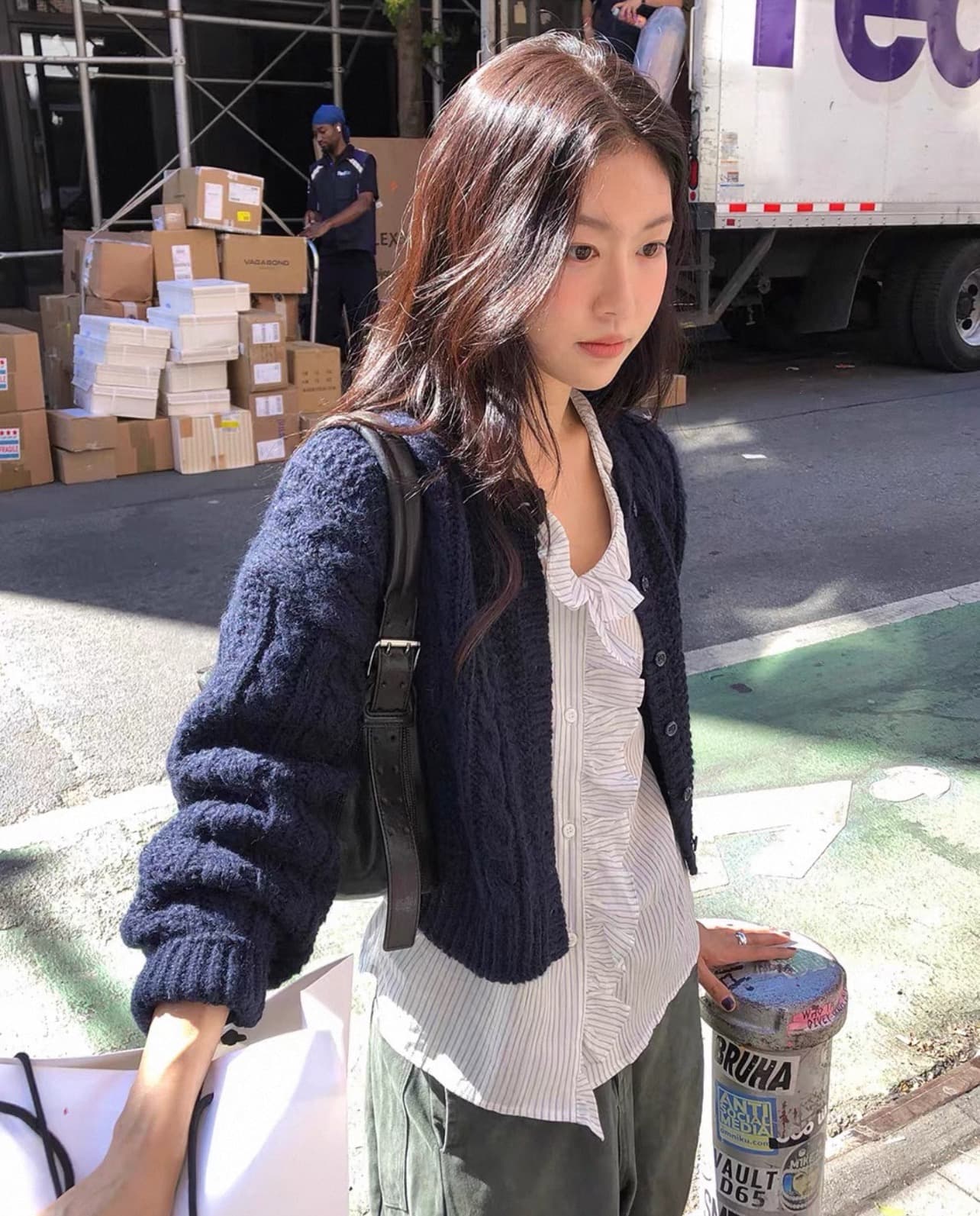 있음 선적 한국 chic 가을 새로운 달콤함 라운드 넥 꽈배기 니트 재킷 이미지 3