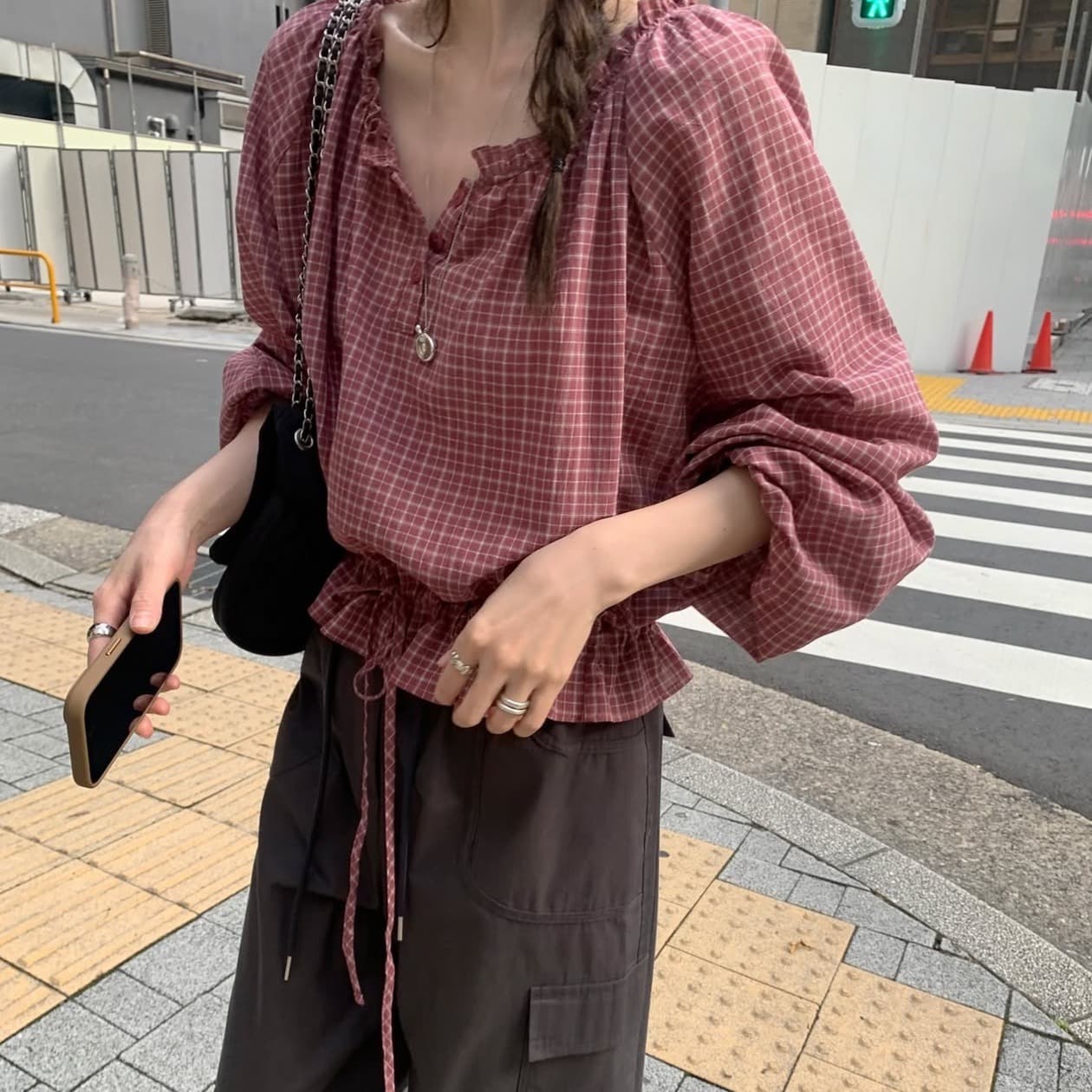 있음 선적 사이즈 업데이트 한국 chic 가을 새로운 한 부서 레트로 체크무늬 허리 수축 레이스 업 셔츠 이미지 5