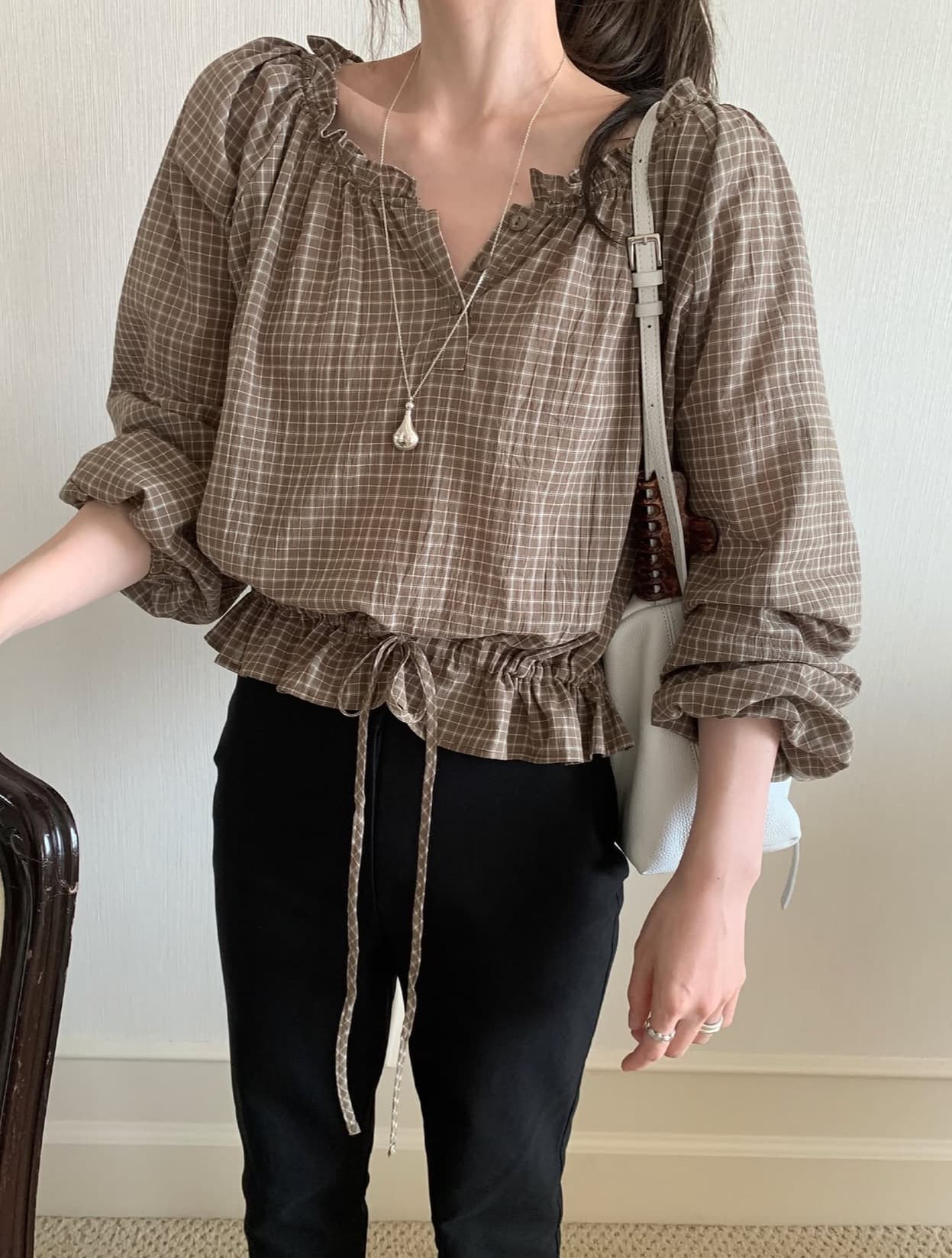 있음 선적 사이즈 업데이트 한국 chic 가을 새로운 한 부서 레트로 체크무늬 허리 수축 레이스 업 셔츠 상세 이미지 3