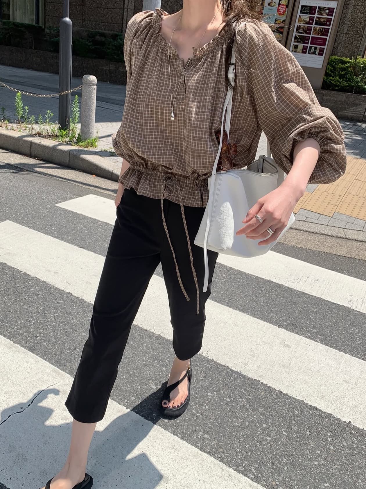 있음 선적 사이즈 업데이트 한국 chic 가을 새로운 한 부서 레트로 체크무늬 허리 수축 레이스 업 셔츠 상세 이미지 4