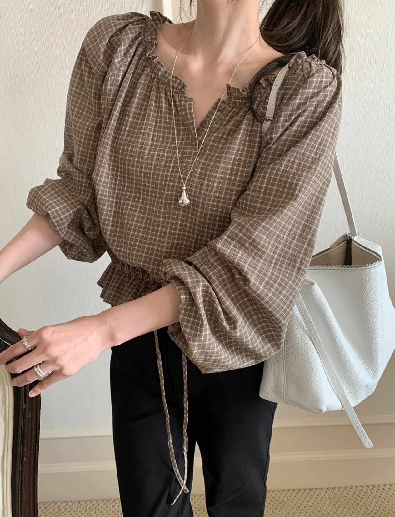 있음 선적 사이즈 업데이트 한국 chic 가을 새로운 한 부서 레트로 체크무늬 허리 수축 레이스 업 셔츠 상세 이미지 7