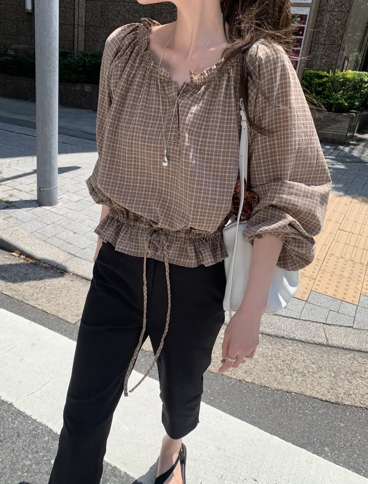 있음 선적 사이즈 업데이트 한국 chic 가을 새로운 한 부서 레트로 체크무늬 허리 수축 레이스 업 셔츠 상세 이미지 8