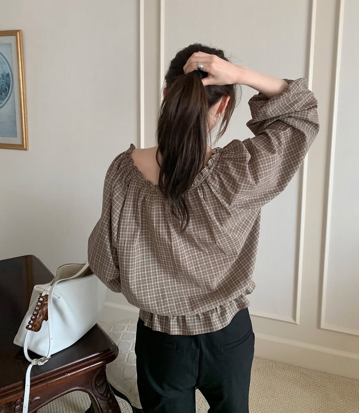 있음 선적 사이즈 업데이트 한국 chic 가을 새로운 한 부서 레트로 체크무늬 허리 수축 레이스 업 셔츠 상세 이미지 9