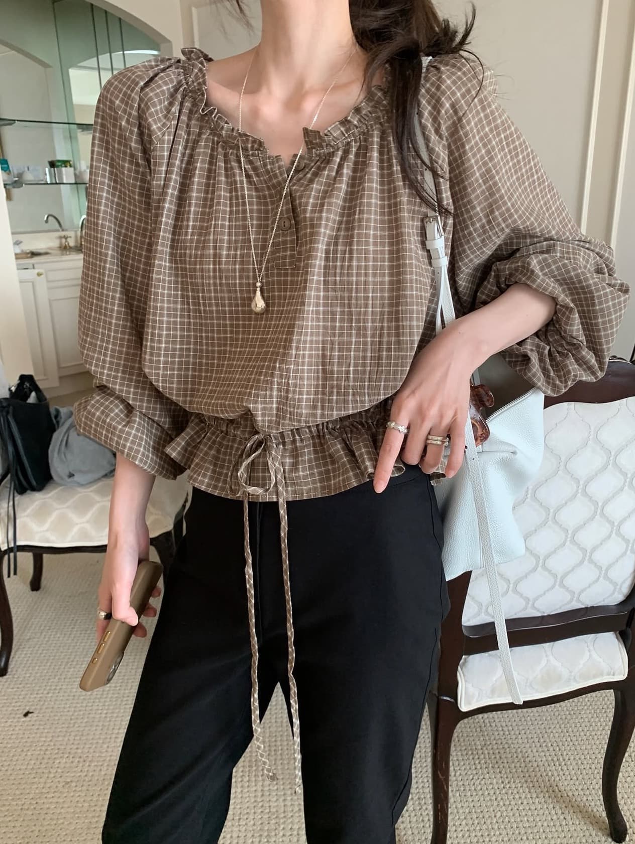 있음 선적 사이즈 업데이트 한국 chic 가을 새로운 한 부서 레트로 체크무늬 허리 수축 레이스 업 셔츠 상세 이미지 10