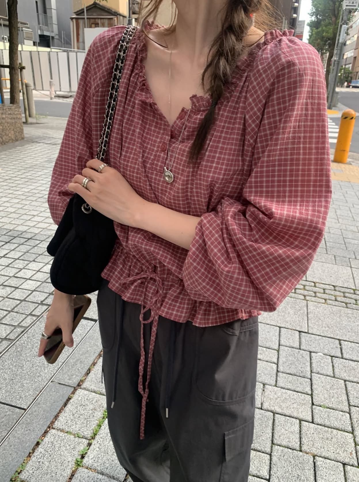 있음 선적 사이즈 업데이트 한국 chic 가을 새로운 한 부서 레트로 체크무늬 허리 수축 레이스 업 셔츠 상세 이미지 11