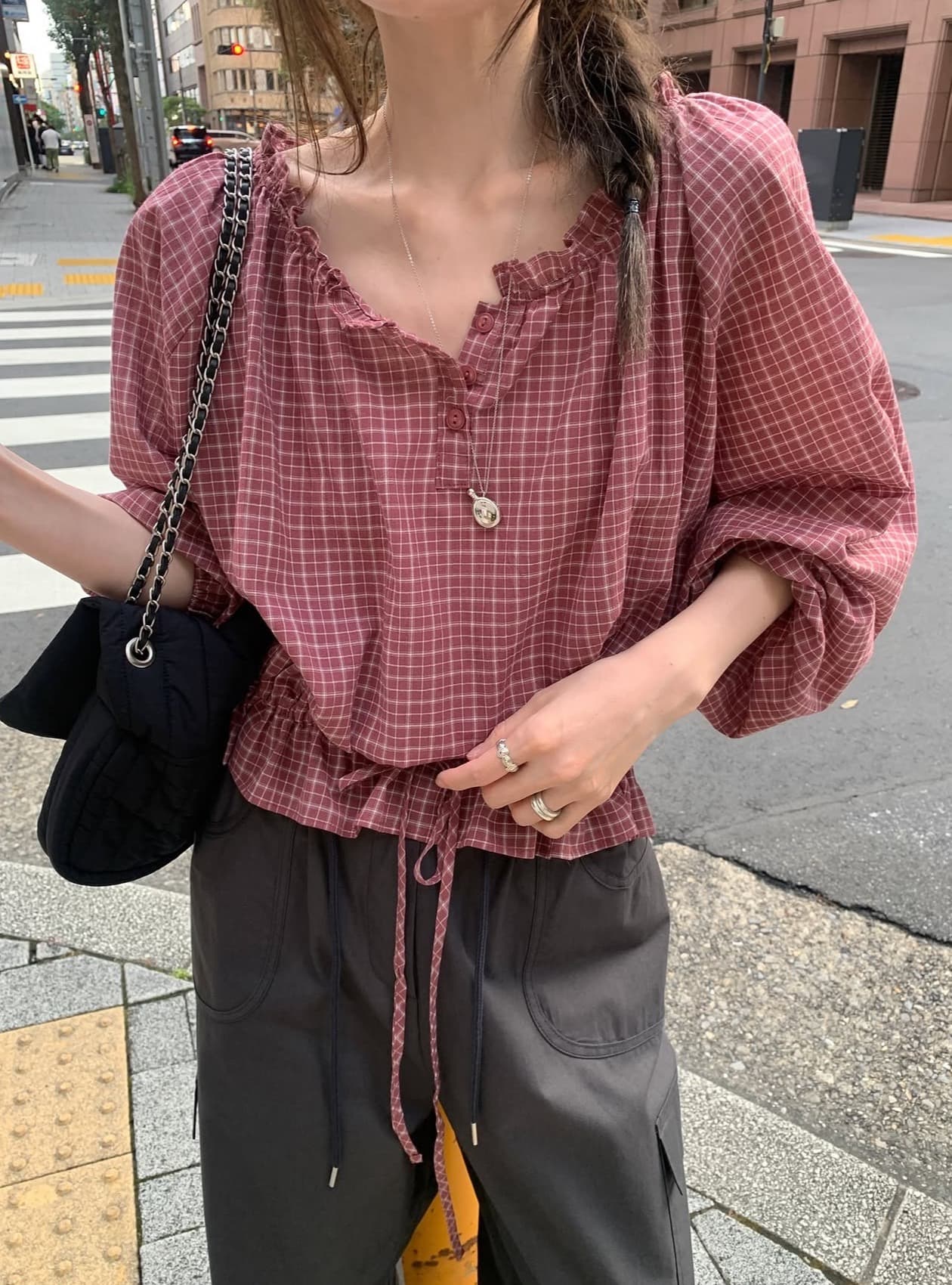 있음 선적 사이즈 업데이트 한국 chic 가을 새로운 한 부서 레트로 체크무늬 허리 수축 레이스 업 셔츠 상세 이미지 13