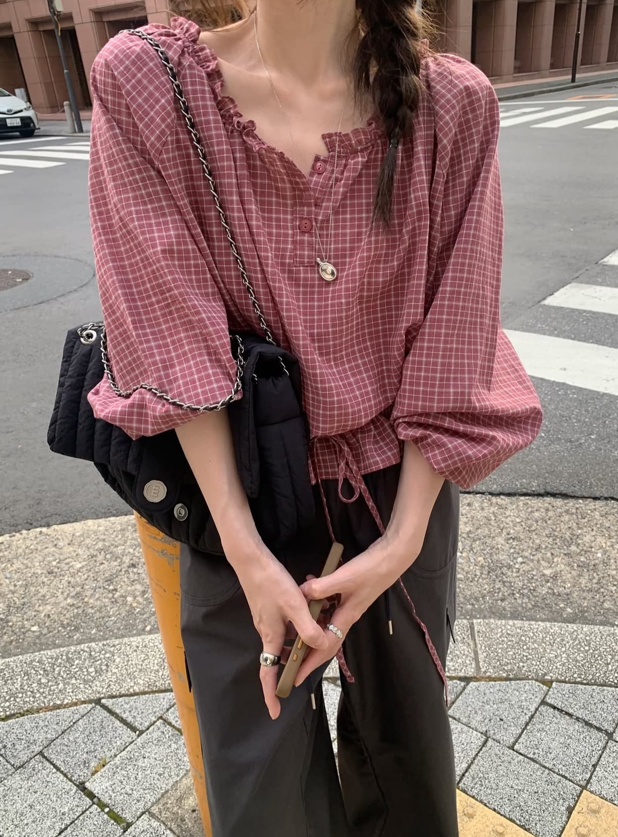 있음 선적 사이즈 업데이트 한국 chic 가을 새로운 한 부서 레트로 체크무늬 허리 수축 레이스 업 셔츠 상세 이미지 14