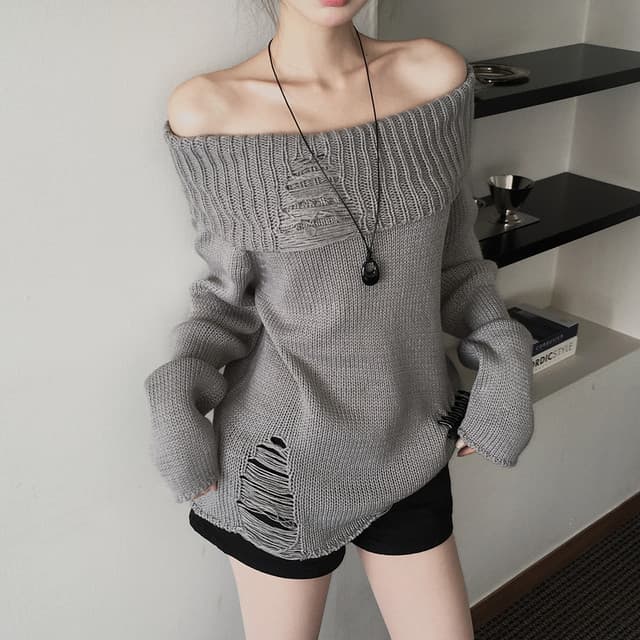 한국 chic 가을 겨울 새로운 한 부서 섹시함 보트넥 찢어진 느슨함 센스 스웨터 이미지 3