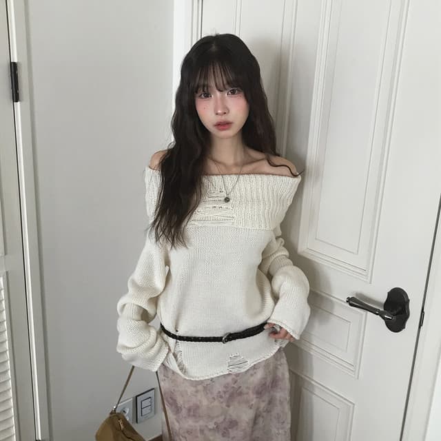 한국 chic 가을 겨울 새로운 한 부서 섹시함 보트넥 찢어진 느슨함 센스 스웨터 이미지 4