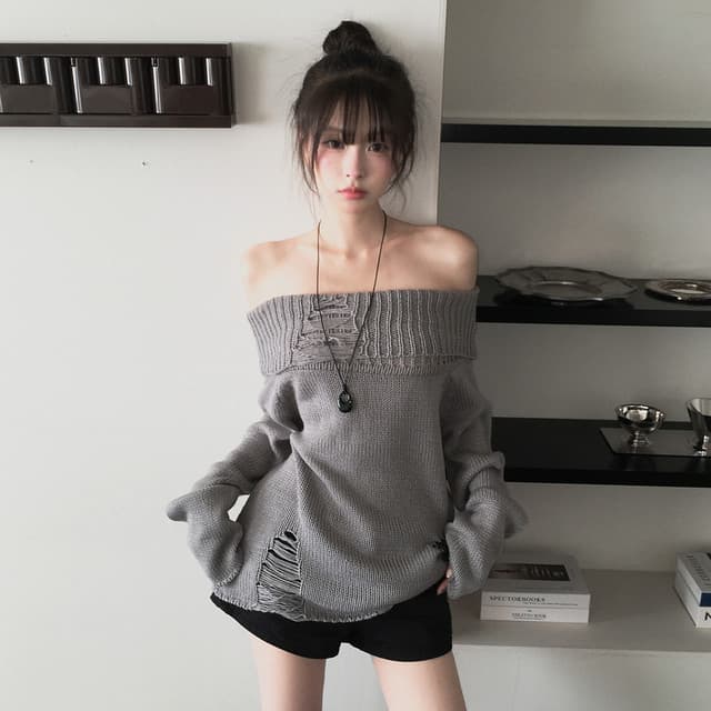 한국 chic 가을 겨울 새로운 한 부서 섹시함 보트넥 찢어진 느슨함 센스 스웨터 상세 이미지 6