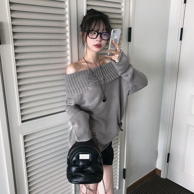 한국 chic 가을 겨울 새로운 한 부서 섹시함 보트넥 찢어진 느슨함 센스 스웨터 상세 이미지 11