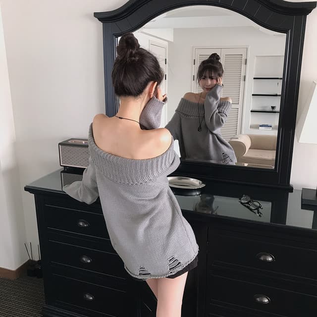 한국 chic 가을 겨울 새로운 한 부서 섹시함 보트넥 찢어진 느슨함 센스 스웨터 상세 이미지 21
