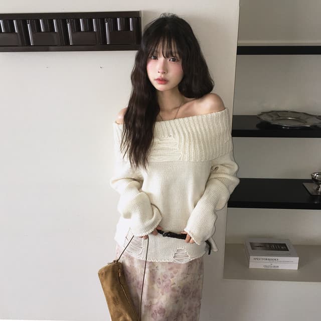 한국 chic 가을 겨울 새로운 한 부서 섹시함 보트넥 찢어진 느슨함 센스 스웨터 상세 이미지 44