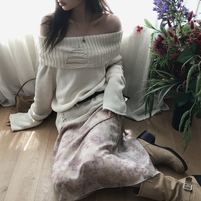 한국 chic 가을 겨울 새로운 한 부서 섹시함 보트넥 찢어진 느슨함 센스 스웨터 상세 이미지 50